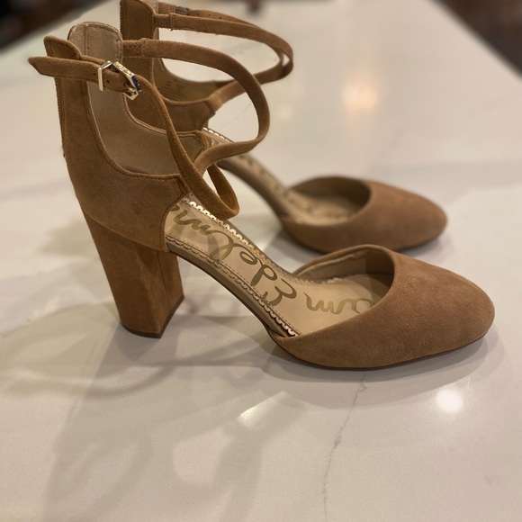 Sam Edelman “Simmons” Caramel Kid Suede Block Heel Ankle Strap Shoes Size 9 - Picture 2 of 7